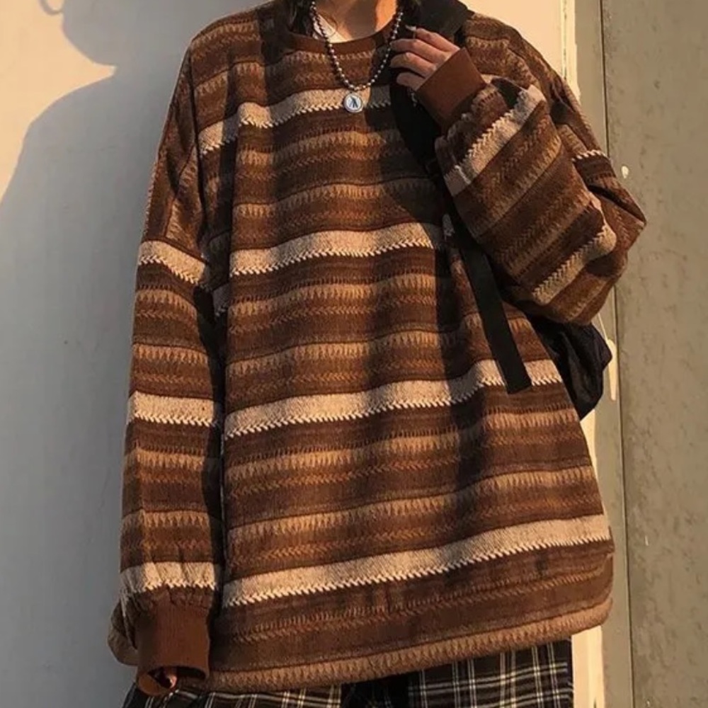 “STRIPED LOOSE SWEATER” brown striped vintage oversized sweater w/ front pocket